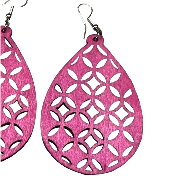Boho Cutout Wood Teardrop Drop Style Sky Magenta Earrings - Picture 3 of 5